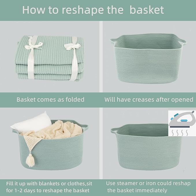 XUANGUO Large Rectangle Woven Cotton Rope Blanket Basket 22"x17"x12" Green