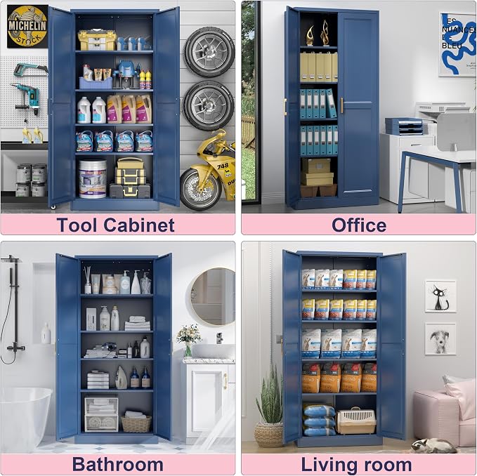 UNICOLY 71" Kitchen Pantry Cabinet, Metal Pantry Storage Cabinet with Doors | Tall Storage Cabinet with 4 Shelves, Storage Cabinets for Kitchens, Living Room, Dinning Room, Assembly Required，Blue