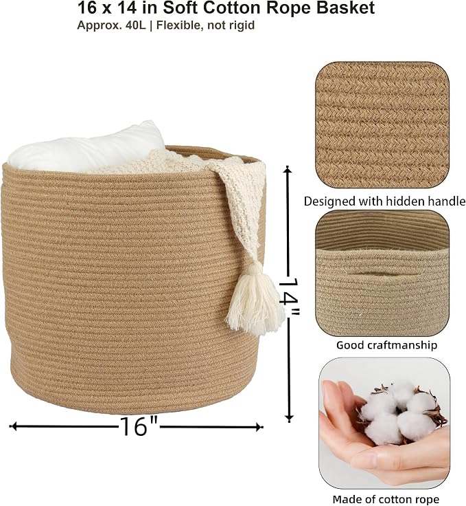 XUANGUO Jute Rope Basket For Girls Boys Kids 16”X14” | Baby Laundry Baskets, Blanket Basket, Nursery Bin; Round Woven Basket Organizer for Toy Storage, Blankets, Shoes and Clothes