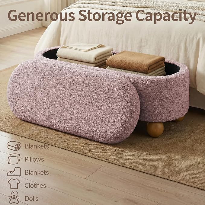 VKNOW 44.8" Storage Ottoman Bench End of Bed Bench with Hinge, Pink | Cute Spherical Solid Wood Stool Legs, Comfortable Fabric, No Assembly, Bedroom Living Room Entryway Dressing Areas
