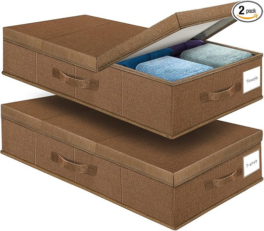 Supowin 2Pack Large Underbed Storage Containers Bin with Lids, Dark Brown | 6 Inches Tall Under Bed Storage Organizer Box with Handles, Foldable Closet Organizer for Clothes, Blankets, Seasonal Items