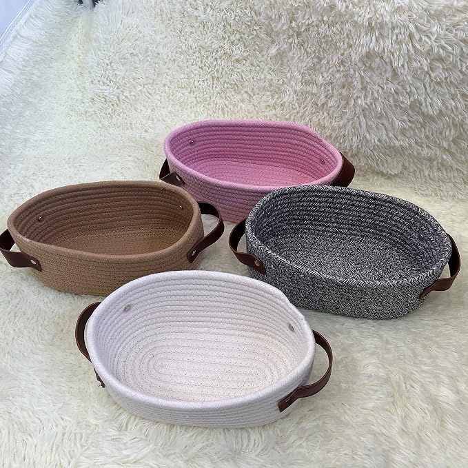 ABenkle Small Woven Basket, Mini Cotton Rope Storage Basket, Tiny White Easter Basket, Oval Decorative Toy Dog Cat Basket for Nursery, Empty Gift Baskets, 9.4" x 5.9" x 3.9" XS
