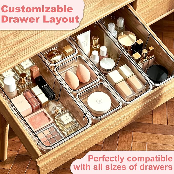 16 Pcs Extendable Clear Drawer Organizer, 3-Size Adjustable Boxes | 3-mm Extra Thick Acrylic Storage Bins for Vanity, Desk, Makeup, Cosmetics, Tool, Bedroom Dressers & Bathroom Organization