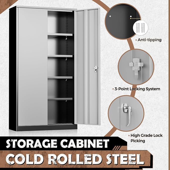 INTERGREAT Metal Storage Cabinet, 72” H Storage Cabinet with 2 Doors and 4 Adjustable Shelves for Office, Home, Garage, Pantry (Assembly Required, Black Grey)
