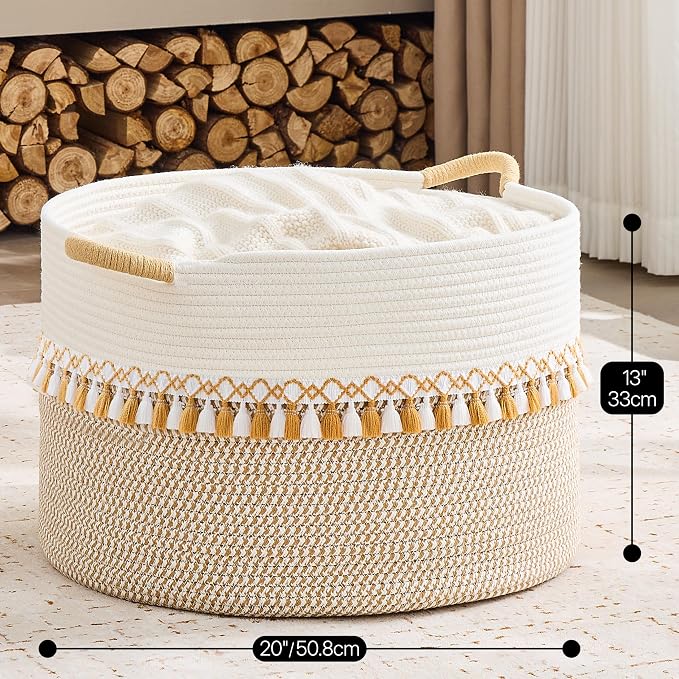KAKAMAY Large Blanket Basket with Handles, Storage Basket for Living Room | Extra Large Capacity | Natural Cotton Rope | Blanket Storage | Woven Storage Basket | Stuffed Animal Storage | Laundry Basket