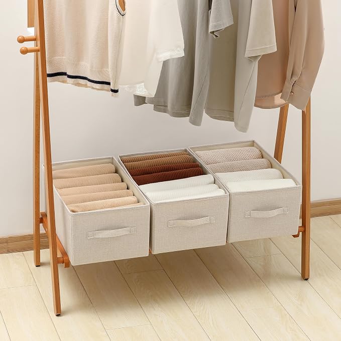 Linen Folding Storage Bins, 3 Pack Large Storage Baskets, Washable, Clothing Storage Bins with Handle, Closet Organizer for Storage Sweater,Sheets(Beige, 18½"x11 x8½)
