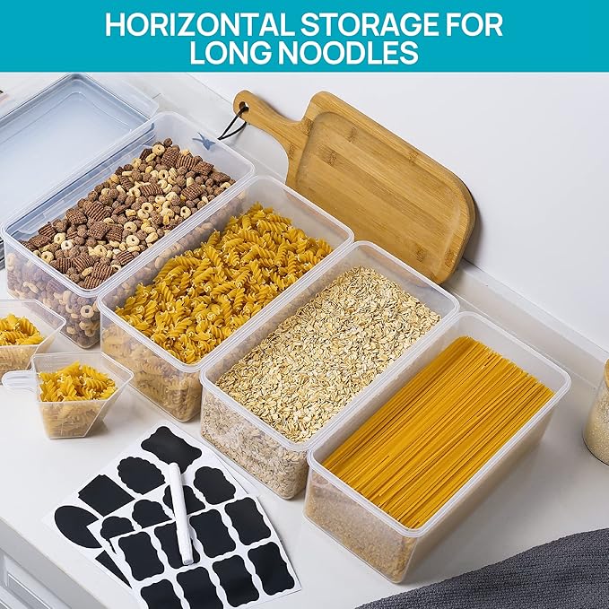 Vtopmart Pasta Storage Containers, 8 Pack, 3.2L Airtight Canisters | Horizonta Storage Design, Easy Access, Airtight BPA-Free Containers, Reusable Labels & Measuring Cups Included