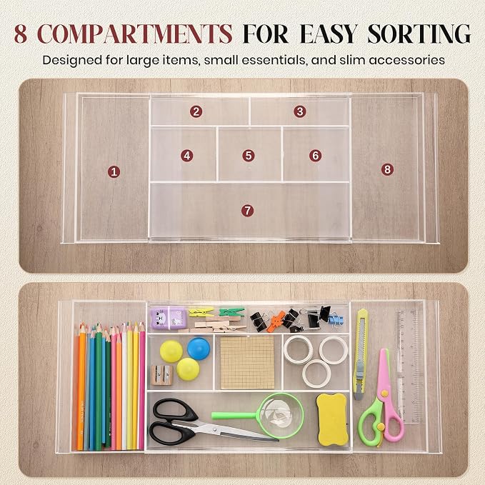 2pack Shallow Expandable Drawer Organizer, Adjustable 12.5”–20” Clear Plastic Drawer Organizer Tray for Vanity Bathroom Desk Kitchen Drawers, Multi Compartment Storage