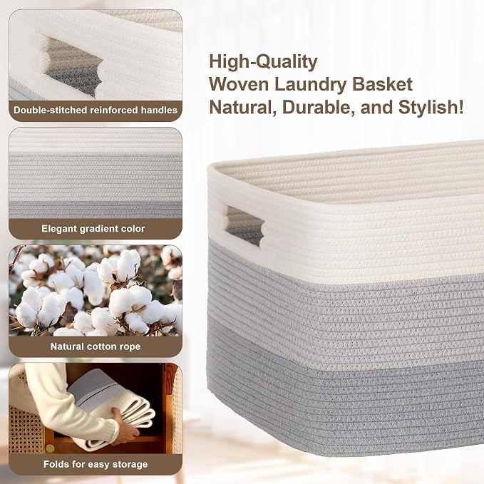 45L Small Woven Laundry Basket Hamper with Handles, Gradient Grey | collapsible wicker hamper, storage for dirty clothes, toys, blankets, gifts, living room, bedroom, bathroom, 18"x14"x11"