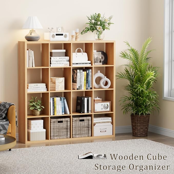 VDNEND Cube Storage Organizer Bookcase, Decorative 11 inch Open Back Cubical Shelf with Thickened Border, Display Bookshelf for Living Room, Home Office, Sturdy Room (Natural Oak, 16 Cube)