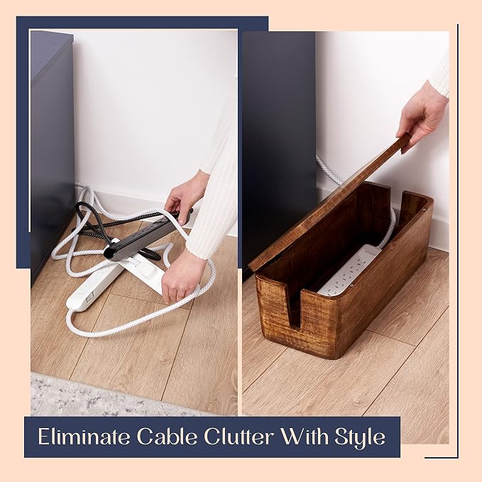 Mango Cable Management Box - Rustic Design (Natural, Large) | Mango Wood, Cable Organizer, Rustic Style, Modern Design, Desktop Storage