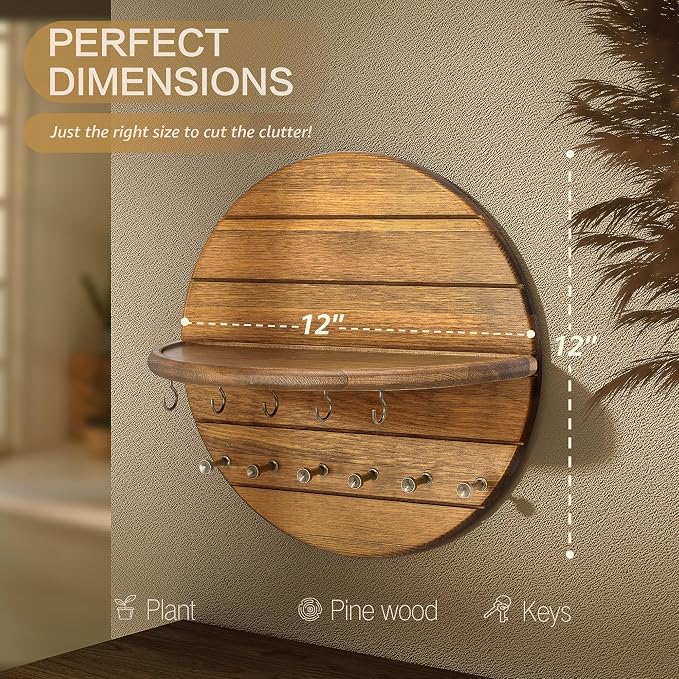 Rebee Vision Pine Wood Key Holder Wall Mount for Entryway Decor, Yellow | Pine Wood, Decorative Key Hooks, Round Corner Floating Shelf, Entryway Organizer for Home Improvement, Farmhouse Home Decor