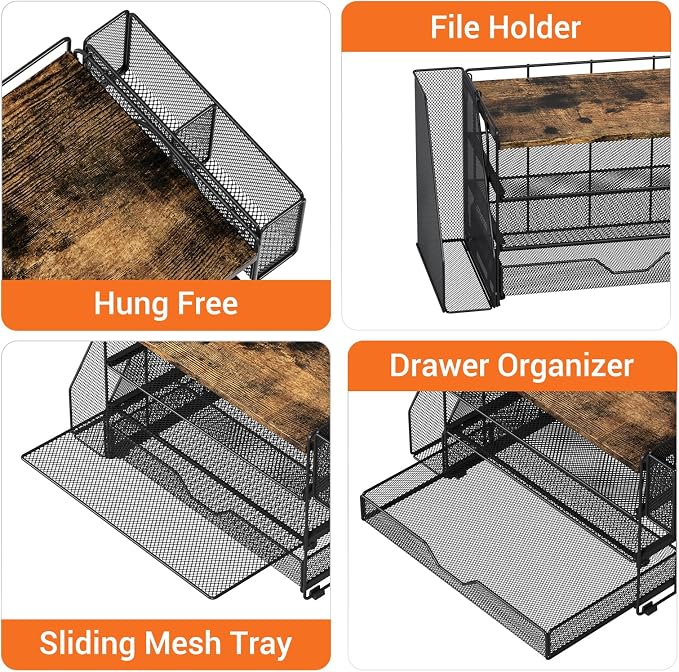 OPNICE Desk Organizer, 4-Tier Desktop File Organizer with Drawer and Pen Holders, Office Desk Accessories, File Sorters, Workspace Organizers for Office Supplies(Wood - Metal Pen Holder)