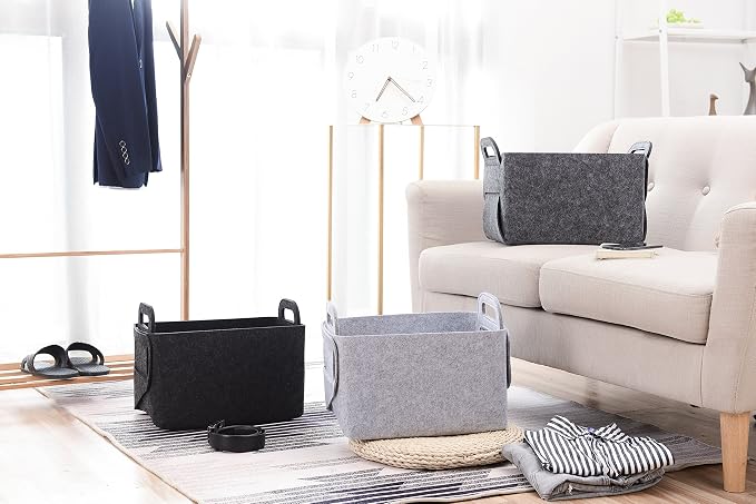 Minoisome Storage Basket Felt Storage Bin Collapsible& Convenient Box Organizer with Carry Handles for Office Bedroom Closet Babies Nursery Toys Laundry (Dark grey, 13.8inch（L）×9.5inch（W）×8.3inch（H）)