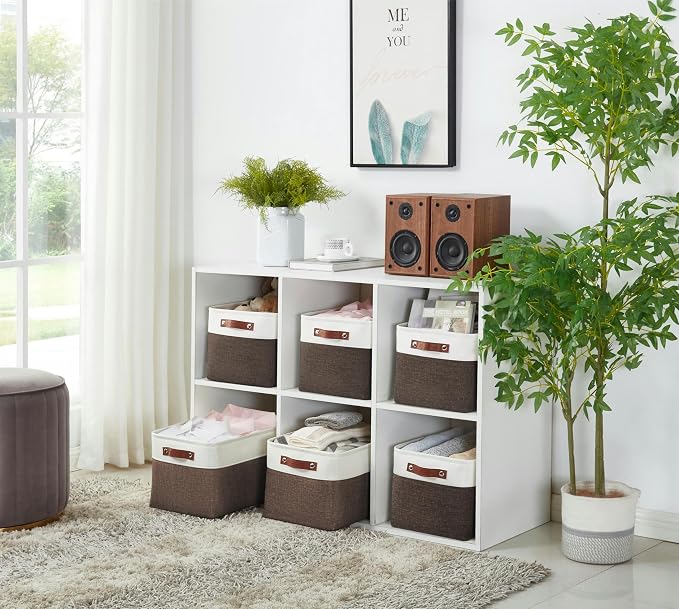 DECOMOMO Storage Bins, Large Fabric Storage Baskets for Shelves 3 Pack | 15 x 11 x 9.5 inches Decorative Linen Closet Organizers (Brown & White)