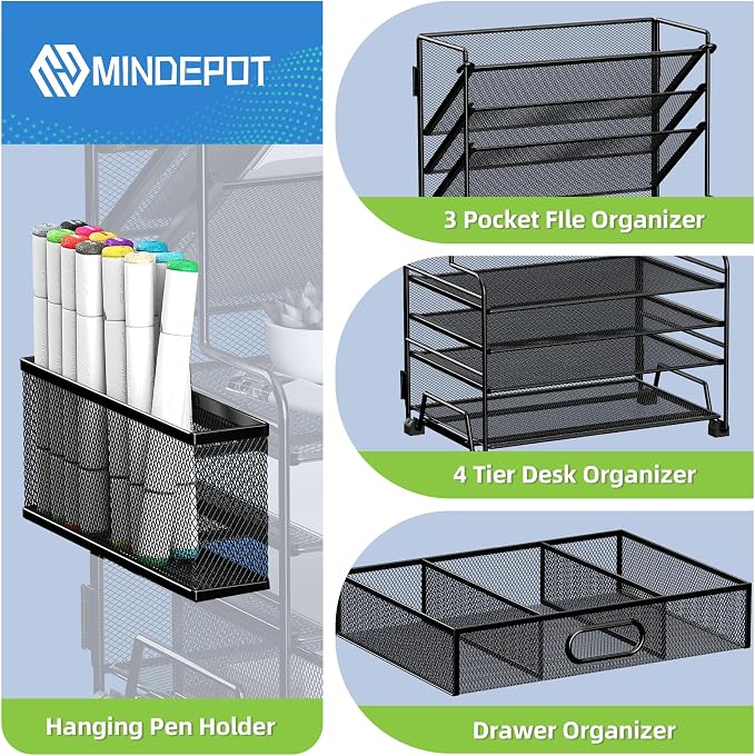 MINDEPOT 4-Tier Paper Organizer + 3-Pocket File Holder + Drawer + Pen Holders, Desktop File Organizers Paper Tray for Office Supplies School Classroom Organization (White, with Drawer & Pen Holder)