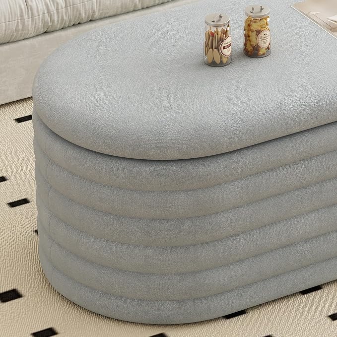 Ball & Cast Storage Ottoman Bench, 40" Chenille Upholstered Storage Bench for Bedroom End of Bed,Oval Ottoman with Storage,Entryway Bench with Safty Hinges for Living Room,Light Grey