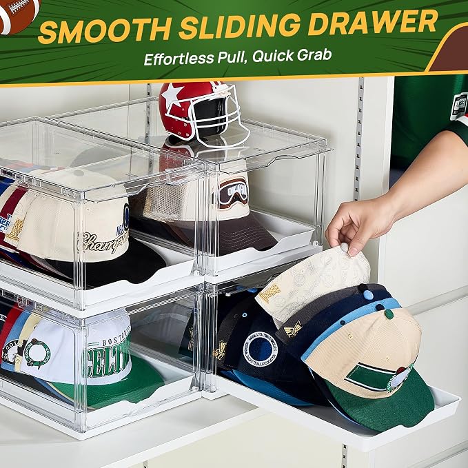 Vtopmart 6 Pack Stackable Baseball Caps Organizer, Each Holds 12 hats | with Sliding Drawer, Magnetic Door, Stackable, Transparent