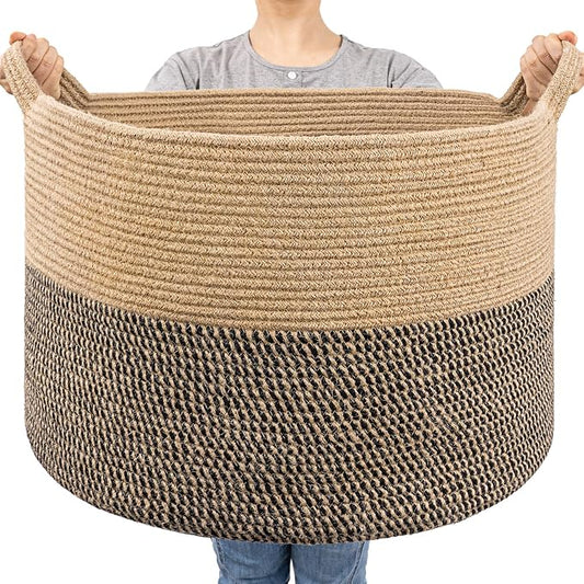 Goodpick Large Wicker Basket for Blankets, Baby Toy Storage Basket, 85L | 21.7 x 21.7 x 13.8 In Baby Storage Basket for Nursery, Blanket Basket for Living Room, Laundry Basket for Towels, Jute