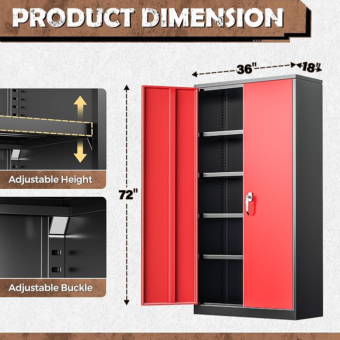 INTERGREAT Metal Storage Cabinet, 72” H Storage Cabinet with 2 Doors and 4 Adjustable Shelves for Office, Home, Garage, Pantry (Assembly Required, Black Red)