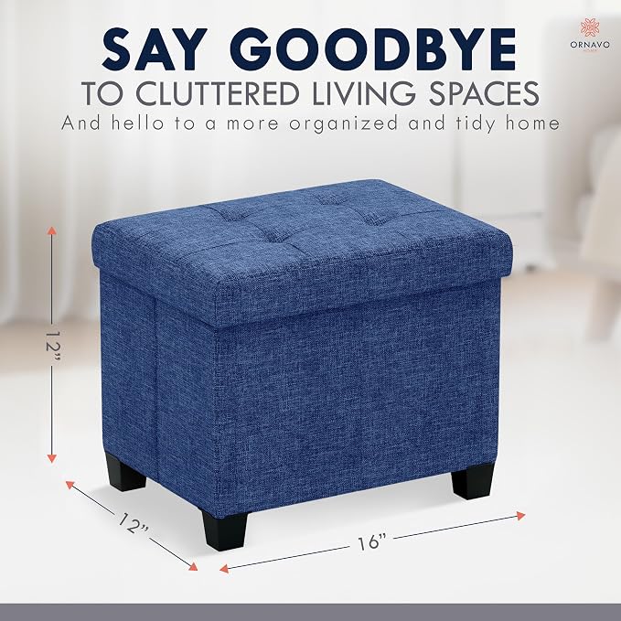 Ornavo Home Small Rectangle Storage Ottoman with Legs, 12x16x12, Navy Blue | Foot Rest Stool Seat; Holds Up to 600 lbs; Ideal for Living Room, Bedroom, Home Office or Dorm