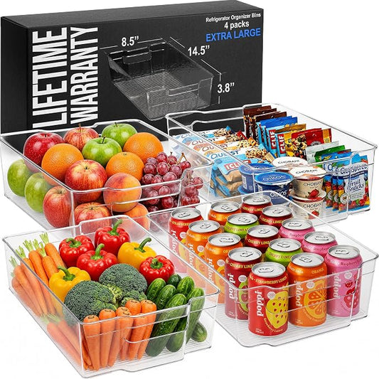 Zulay 4 Pack Clear Refrigerator Organizer Bins - XL Fridge Organizers and Storage Clear - Ideal Freezer Organizer Bins, Refrigerator Storage Containers, Kitchen Cabinets, Pantry Organization