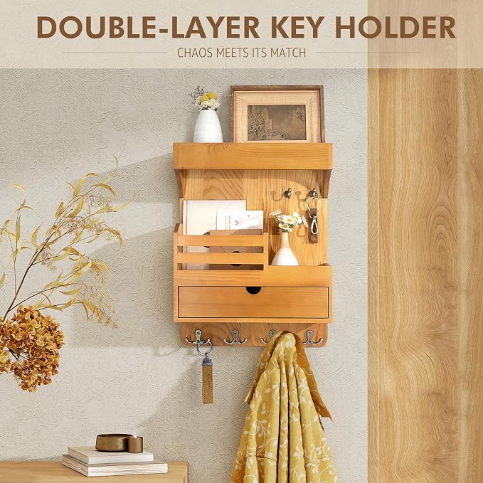 Rebee Vision Key Holder Wall Mount with Drawer for Home Decor, Light Brown | Key Holder for Wall, 6 Key Hooks, Floating Wall Shelf, Drawer Organizer, Mail Sorter, Room Decor Aesthetic