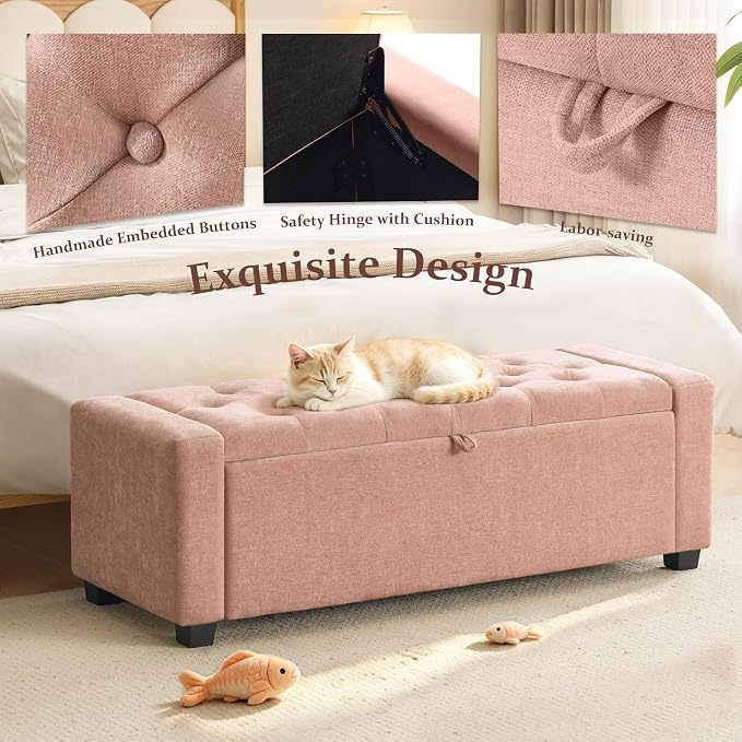 Royal Windsor 48" Ottoman with Storage,Tufted Storage Bench with Safety Hinge,Holds up to 350 lb,Upholstered Bench with Seating for Bedroom,Living Room,Entryway,Linen Pink