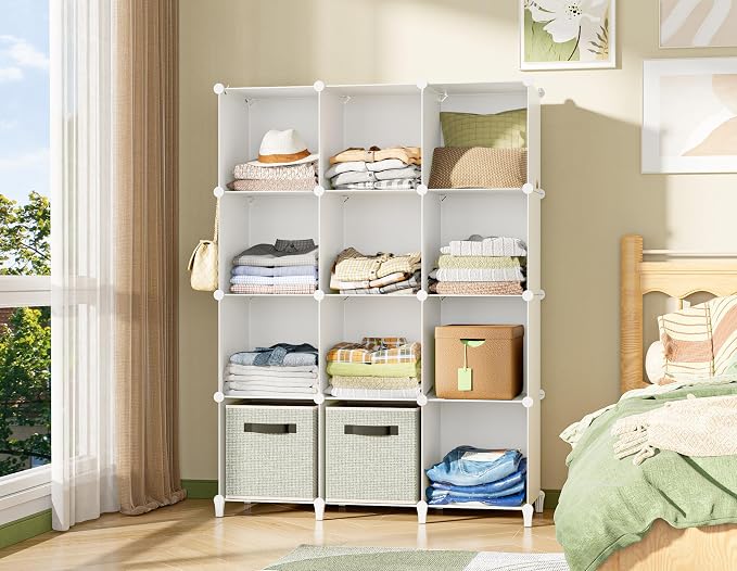 HOMIDEC Closet Organizers and Storage, 12 Cube Storage Organizer, White | Portable Closet Organization Clothes Shelves Clothing Storage for Kids, Closet, Bedroom, Bathroom, Office