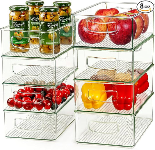 Hudgan Clear Storage Bins 8 Packs for Refrigerator, 4 Large Stackable Pantry Organizer Bins and 4 Medium Storage Plastic Containers for Home Edit, Kitchen, Freezer, Bathroom, Drawers, Shelves