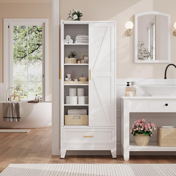 71“H Kitchen Pantry Cabinet with Drawers,Tall Kitchen Pantry Cabinets,Metal Food Storage Cabinets, White Pantry Cabinet with 4 Doors, Large Freestanding Cabinets for Dining Room, Living Room
