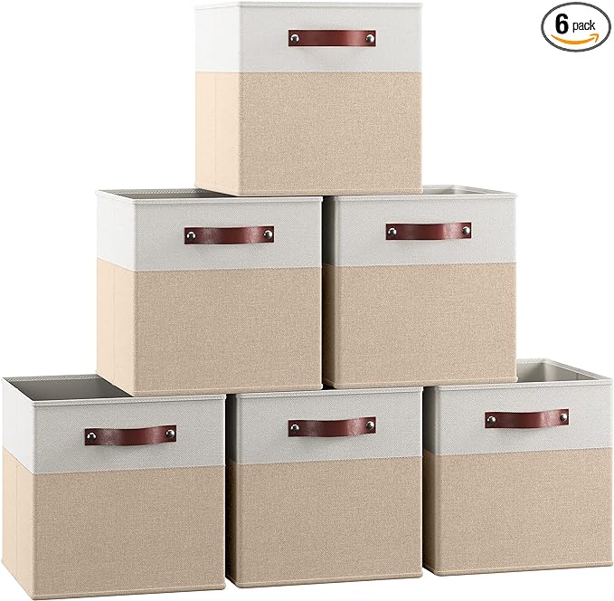 Ornavo Home 11x11 Foldable Fabric Storage Cube Bins, 6 Pack, White/Khaki | Collapsible Linen Shelf Basket Organizer; Leather Handles; Ideal Cube Storage For Closet
