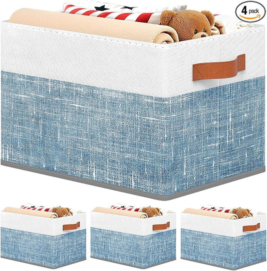 Fab totes Collapsible Storage Baskets for Shelves,14"x10", 4 Pack Foldable Fabric Storage Bins with Double Leather Handles, Large Baskets for Organizing Books, Clothes, White & Blue