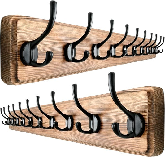 Wall Mounted Coat Rack: 38-1/4" Long, Patented, Heavy-Duty, 10-Double-Hooks Wooden Hanger Rail for Winter Coats, Hats, Jackets, Clothing - Natural & Black, Pack of 2