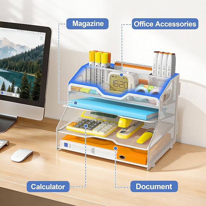 4 Tier Metal Desk Organizer with Magazine File Holder, White | Space saving workspace desk file trays. Includes pencil holder and portable handles. Ideal for school and office supplies