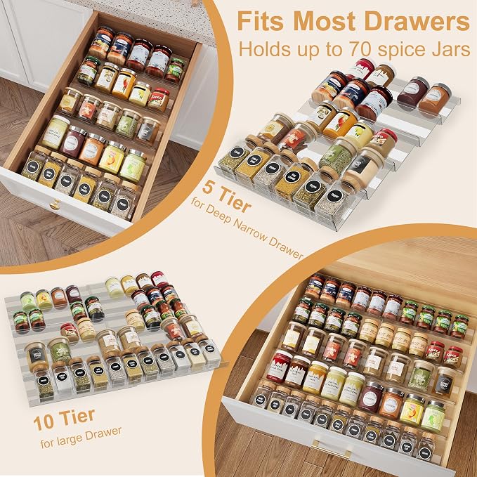 10-Pack Adjustable Spice Drawer Organizer, Expandable Seasoning Rack Tray (13" to 26"), Acrylic Insert with Anti-Slip Mat for Kitchen Cabinet (Jars Not Included)
