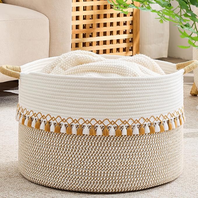 KAKAMAY Large Blanket Basket with Handles, Storage Basket for Living Room | Extra Large Capacity | Natural Cotton Rope | Blanket Storage | Woven Storage Basket | Stuffed Animal Storage | Laundry Basket
