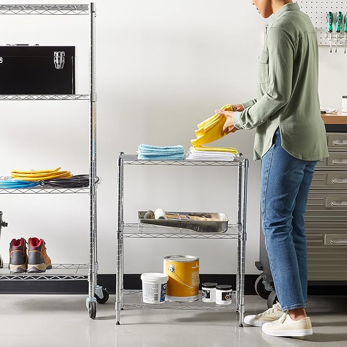 Amazon Basics 3-Shelf Adjustable Heavy Duty Steel Wire Shelving Rack with Chrome Finish, No-Tool Assembly, 250 lbs per Shelf, 23.2" L x 13.4" W x 30" H