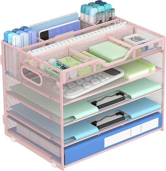 Docnest 5 Tier Mesh Desk Organizer with Removable Tray&Pen Holder, Pink | Features 3 detachable pen holders and 4 removable dividers.Versatile mesh desktop storage for mail, document,office supplie