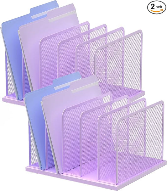 Kuntine.B 5-Section Upright Desk File Organizer Purple 2 Pack | Vertical, Mesh, Metal, Assembly, Stability, Sturdiness, Organization, Standing