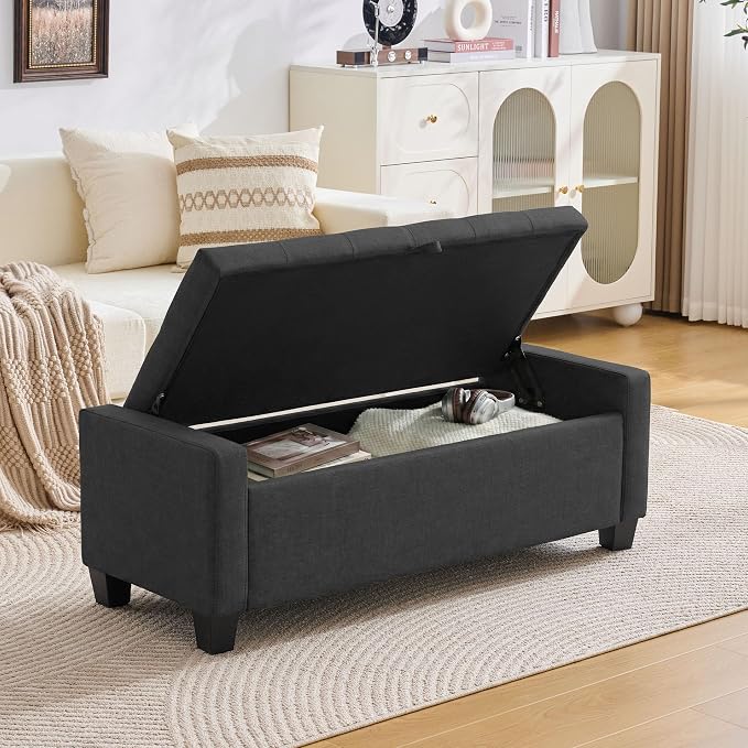 Huatean Home 43" Ottoman with Storage, Dark Gray Storage Ottoman Bench | Upholstered Entryway Bench with Seating for Bedroom, Living Room, with Safety Hinge, Holds up to 330 lb
