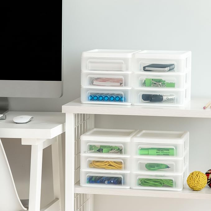 IRIS USA 4-Pack 3-Drawer Small Desktop Organizer, Stackable, White | Organize office supplies, stationery, makeup, craft materials and everyday essentials for neat desktop storage