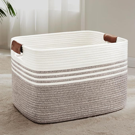 86L Woven Laundry Basket Hamper with Leather Handles,Dark Brown | collapsible wicker hamper, storage for dirty clothes, toys, blankets, gifts, living room, bedroom, bathroom, 24"x16"x14"