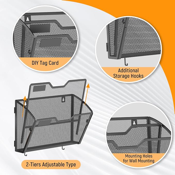 Docnest 3 Pack 2 Tier Mesh Wall File Holders with Hooks for Mail, Black | Space-saving vertical design with utility hooks. Ideal paper document organizer for office, home, and school