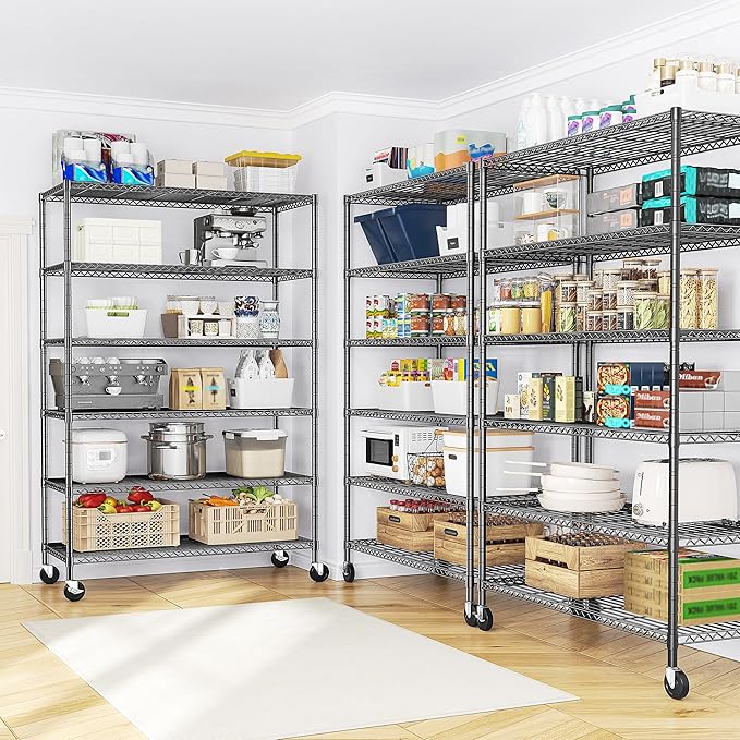 Romorgniz Heavy Duty 6-Tier Rolling Storage Shelves with Wheels for Garage | 1200lbs wire shelving, Rolling casters with locking wheels, Adjustable shelves, Rust-proof, For pantry, kitchen, basement
