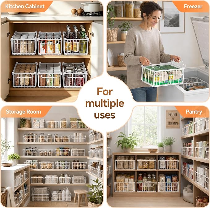 Freezer Organizer Bins, 6 Pack Enlarged Baskets for 5-9 Cu.FT Deep Freezer | Stackable Chest Freezer Organizer Bins, Foldable with Handles, White Storage Container Baskets for Sort Frozen Meats