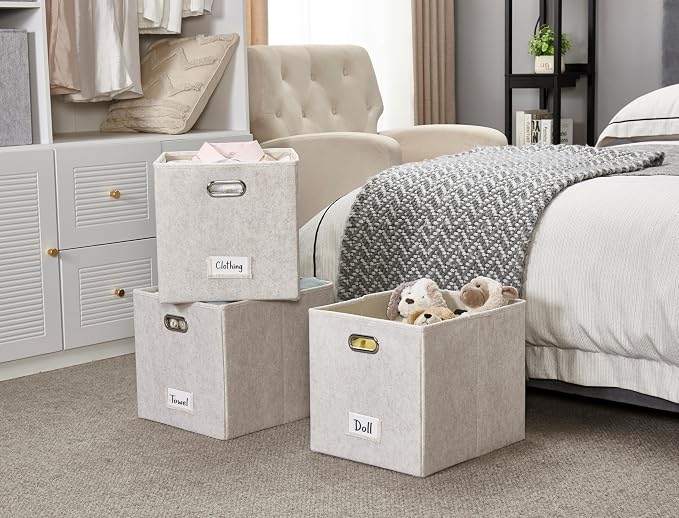 DECOMOMO Felt Storage Bins, 13x15x13 Storage Cube Bins with Labels | 4 Pack Storage Baskets for Shelves, Kallax (Beige)