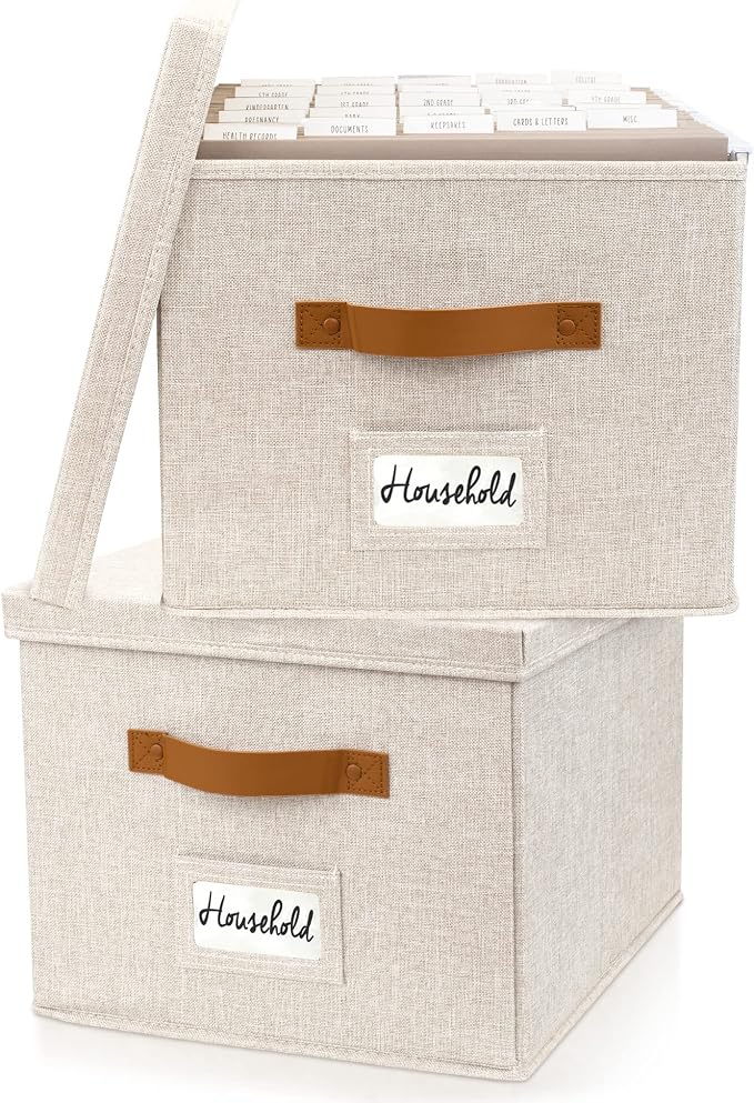 Decorative File Organizer Box Set of 2 - Collapsible Linen Filing Cabinets | Stores Documents and Hanging File Folders - Portable Office Crates with Lid and Handles for Easy Slide Access
