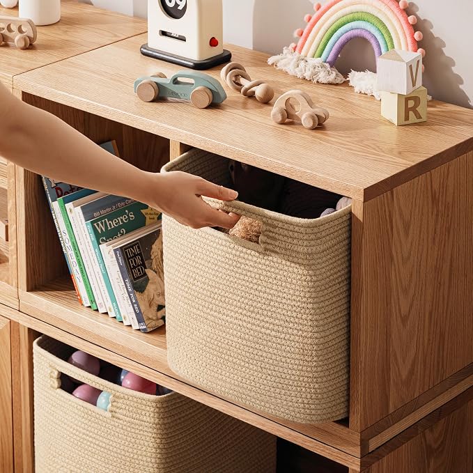 UBBCARE Set of 4 Storage Basket-13 X 13 X 13 In, Cotton Rope Basket for Shelves, Toys, Book, Cube Storage Bins with Handles, Woven Storage Basket for Organizing, Brown