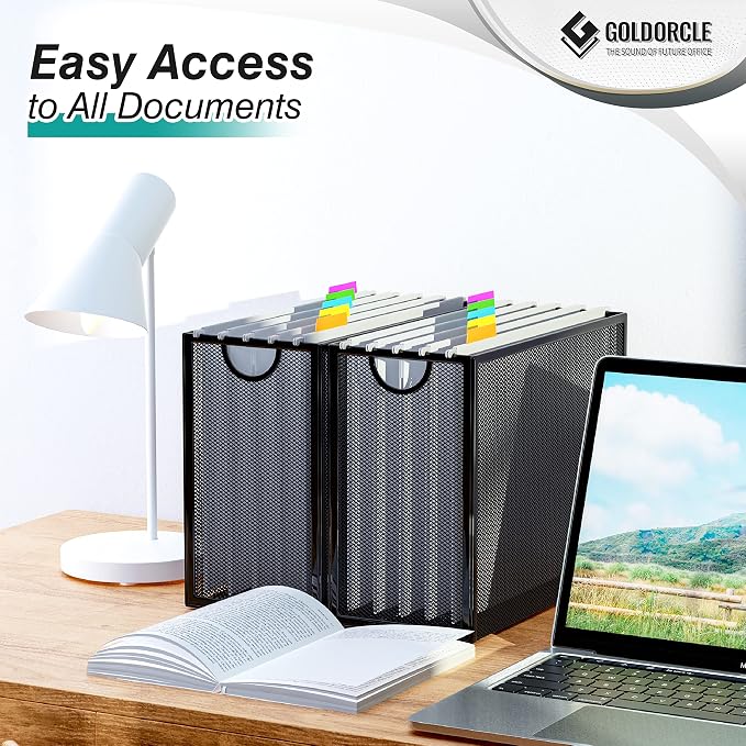 Hanging File Organizer, File Folder Organizer with Handles, Metal Mesh File Crate Storage Box, Letter Size (with 5 Grey Folders)